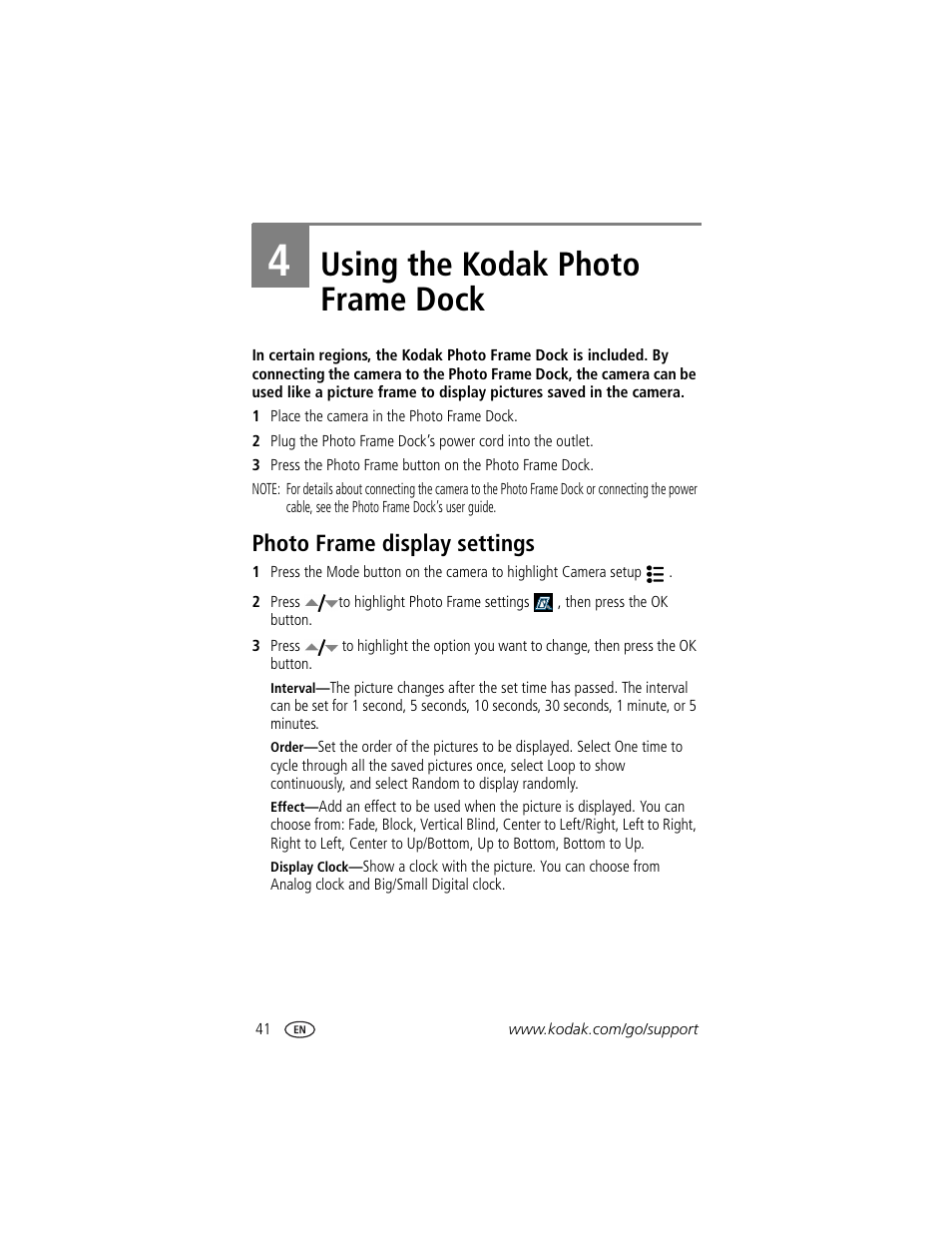 Using the kodak photo frame dock, Photo frame display settings, 4 using the kodak photo frame dock | Kodak LS755 User Manual | Page 48 / 80