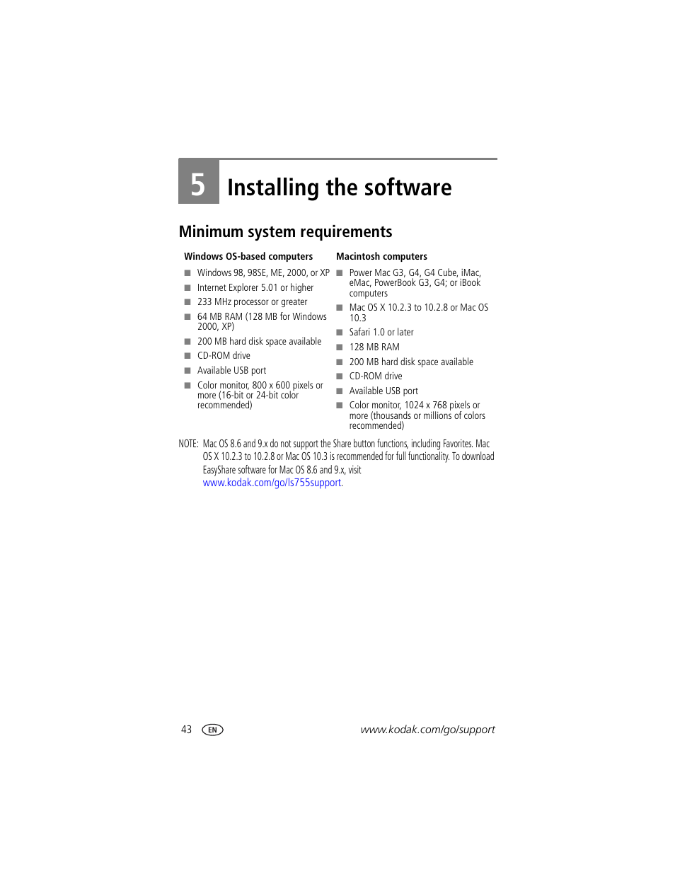 Installing the software, Minimum system requirements, 5 installing the software | Kodak LS755 User Manual | Page 50 / 80