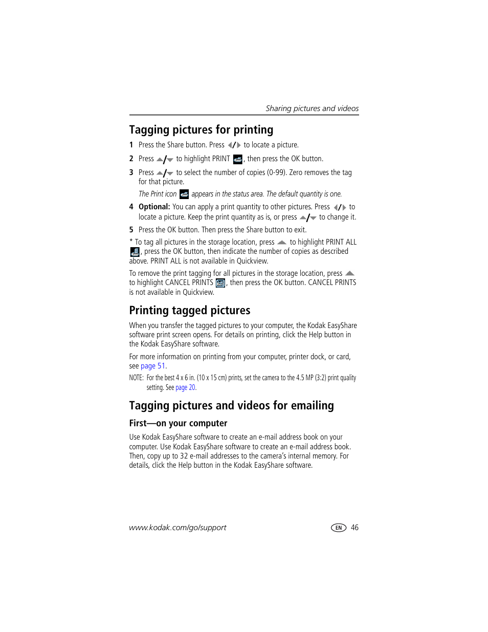 Tagging pictures for printing, Printing tagged pictures, Tagging pictures and videos for emailing | First-on your computer | Kodak LS755 User Manual | Page 53 / 80