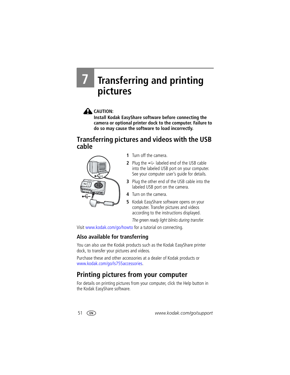 Transferring and printing pictures, Also available for transferring, Printing pictures from your computer | 7 transferring and printing pictures | Kodak LS755 User Manual | Page 58 / 80