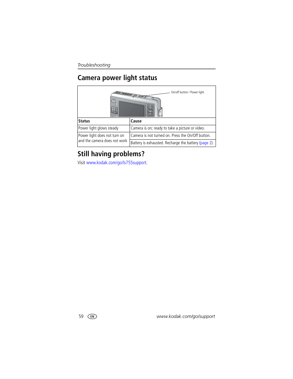 Camera power light status, Still having problems, Camera power light status still having problems | Kodak LS755 User Manual | Page 66 / 80
