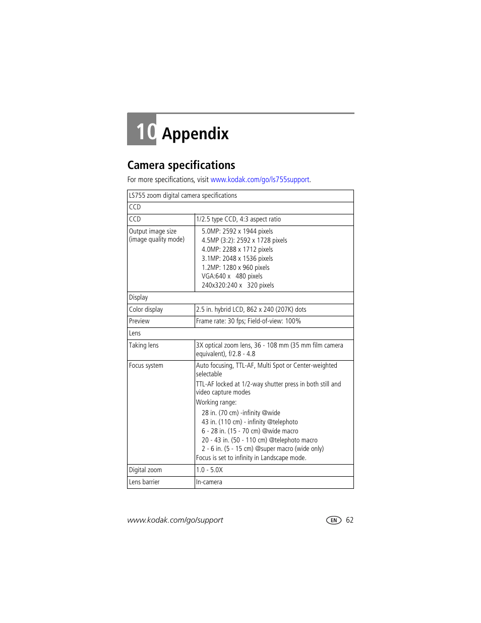 Appendix, Camera specifications, 10 appendix | Kodak LS755 User Manual | Page 69 / 80