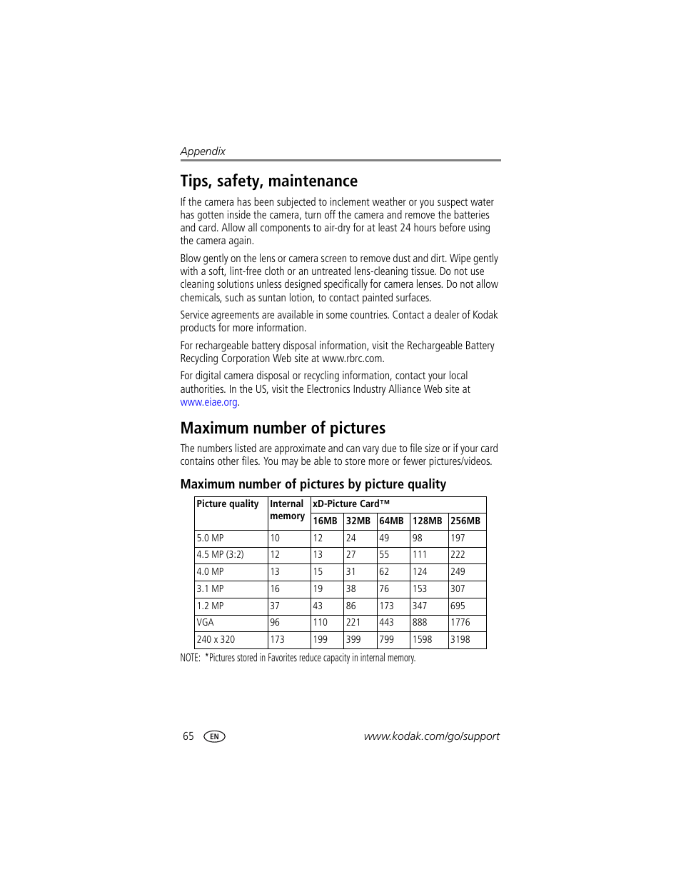 Tips, safety, maintenance, Maximum number of pictures, Maximum number of pictures by picture quality | Kodak LS755 User Manual | Page 72 / 80