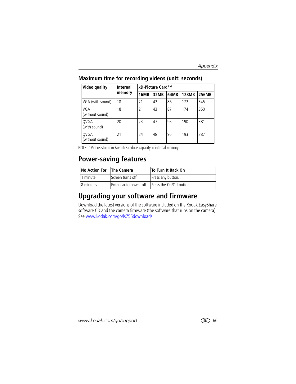 Maximum time for recording videos (unit: seconds), Power-saving features, Upgrading your software and firmware | Kodak LS755 User Manual | Page 73 / 80
