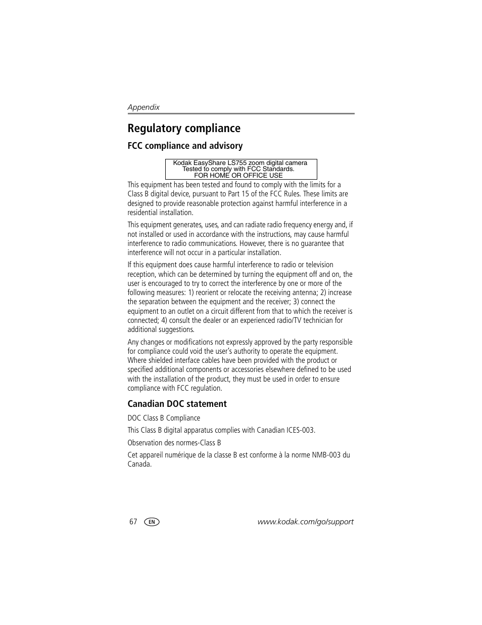 Regulatory compliance, Fcc compliance and advisory, Canadian doc statement | Kodak LS755 User Manual | Page 74 / 80