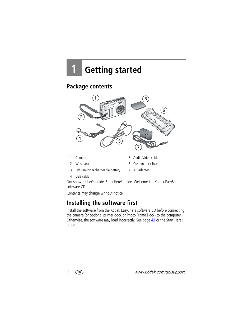 Getting started, Package contents, Installing the software first | 1 getting started, Package contents installing the software first | Kodak LS755 User Manual | Page 8 / 80