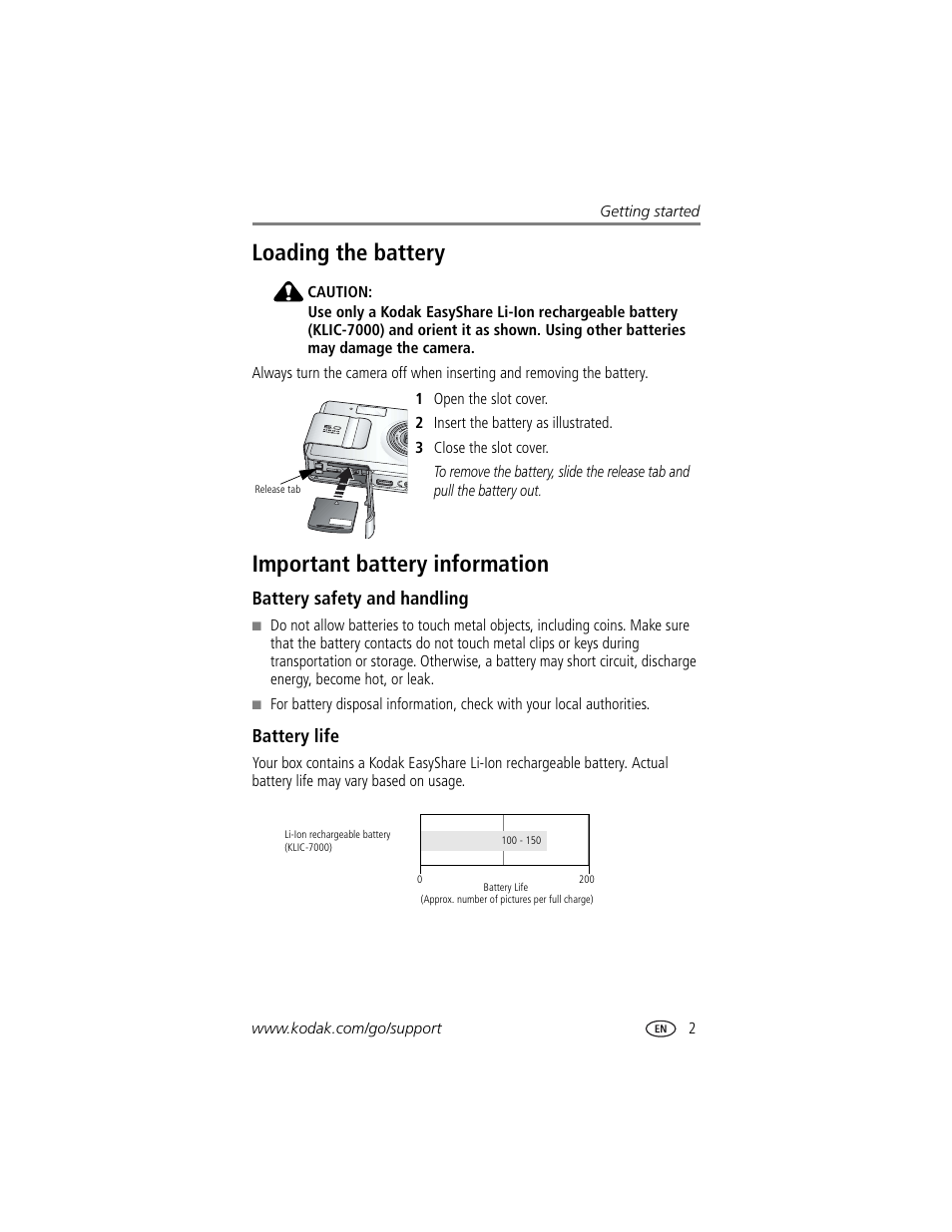 Loading the battery, Important battery information, Battery safety and handling | Battery life, Loading the battery important battery information | Kodak LS755 User Manual | Page 9 / 80