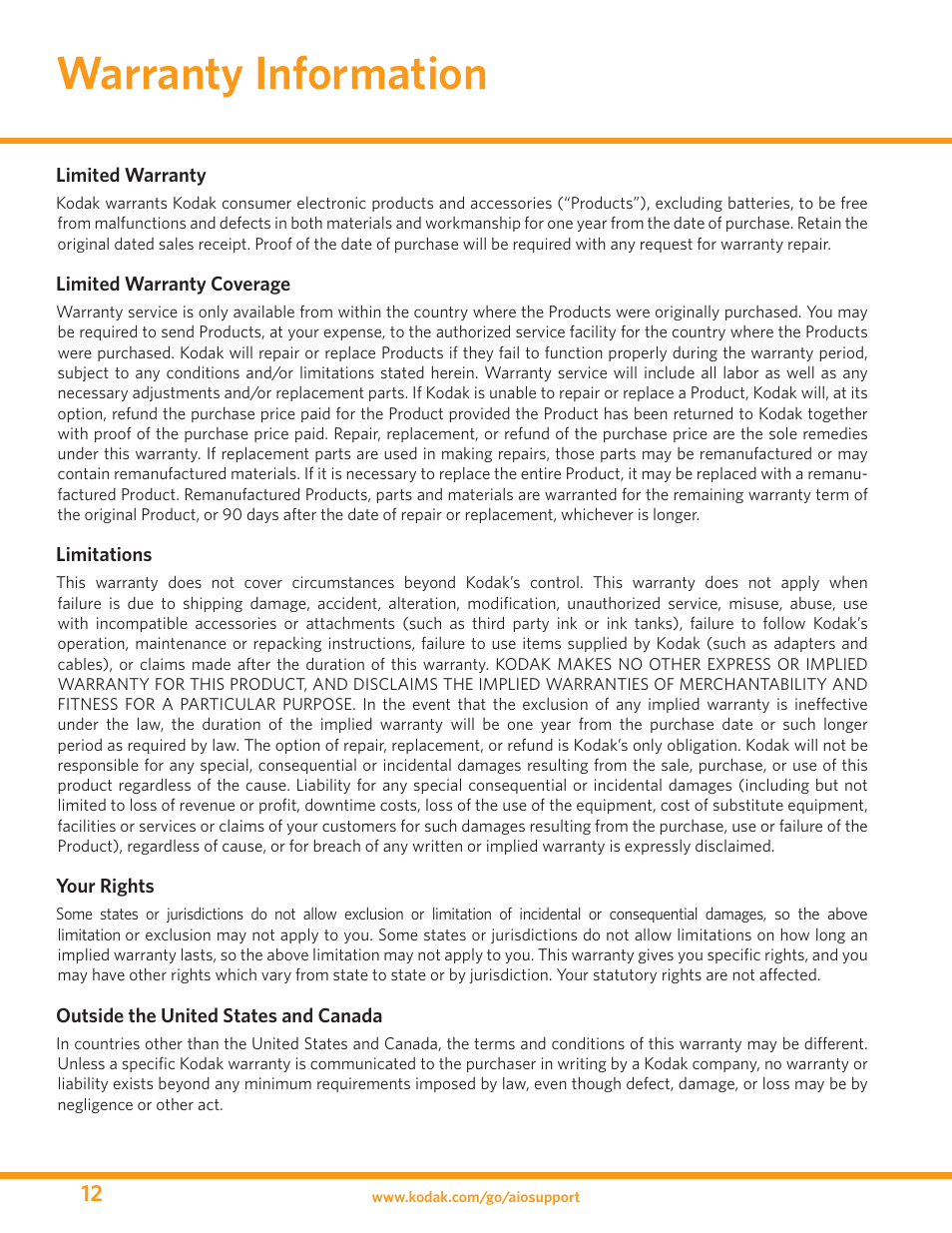 Warranty information | Kodak ESP 3 User Manual | Page 12 / 16