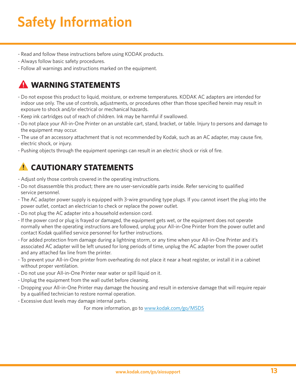 Safety information, Warning statements, Cautionary statements | Kodak ESP 3 User Manual | Page 13 / 16