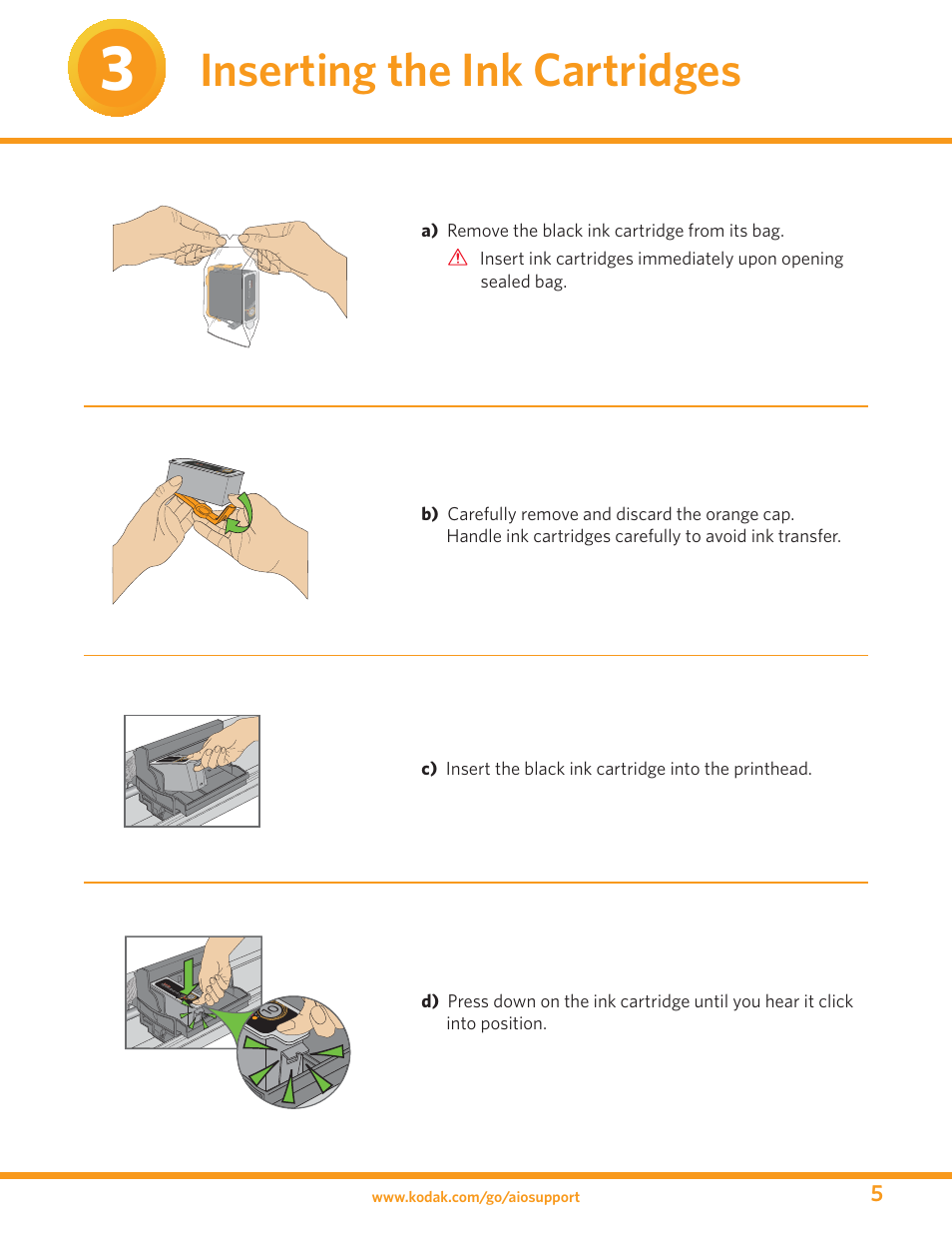Inserting the ink cartridges | Kodak ESP 3 User Manual | Page 5 / 16