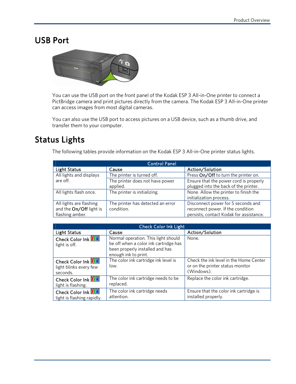 Usb port, Status lights | Kodak ESP 3 User Manual | Page 11 / 73