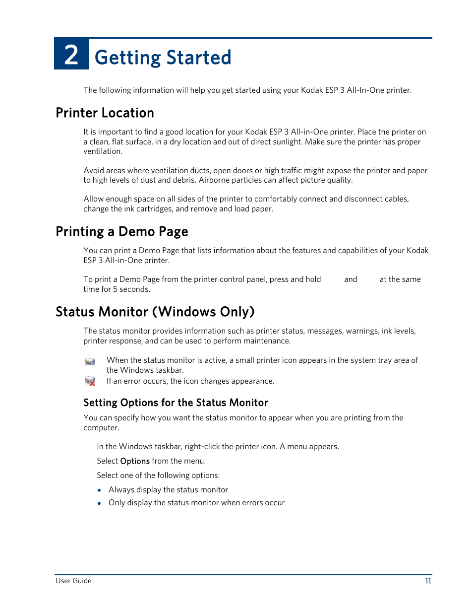 Getting started, Printer location, Status monitor (windows only) | Setting options for the status monitor, Printing a demo page | Kodak ESP 3 User Manual | Page 17 / 73