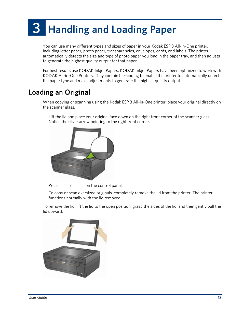 Handling and loading paper, Loading an original | Kodak ESP 3 User Manual | Page 19 / 73