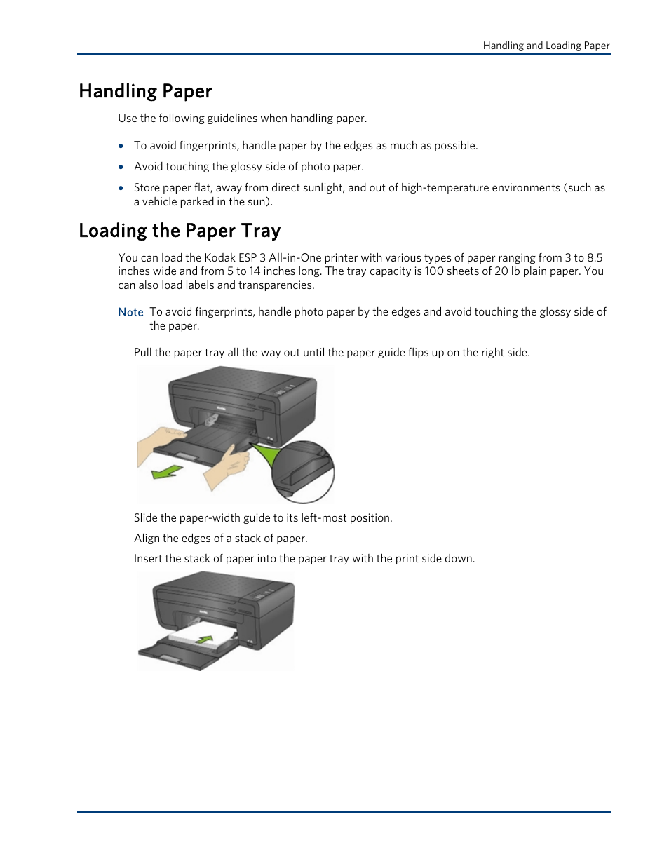 Handling paper, Loading the paper tray | Kodak ESP 3 User Manual | Page 21 / 73