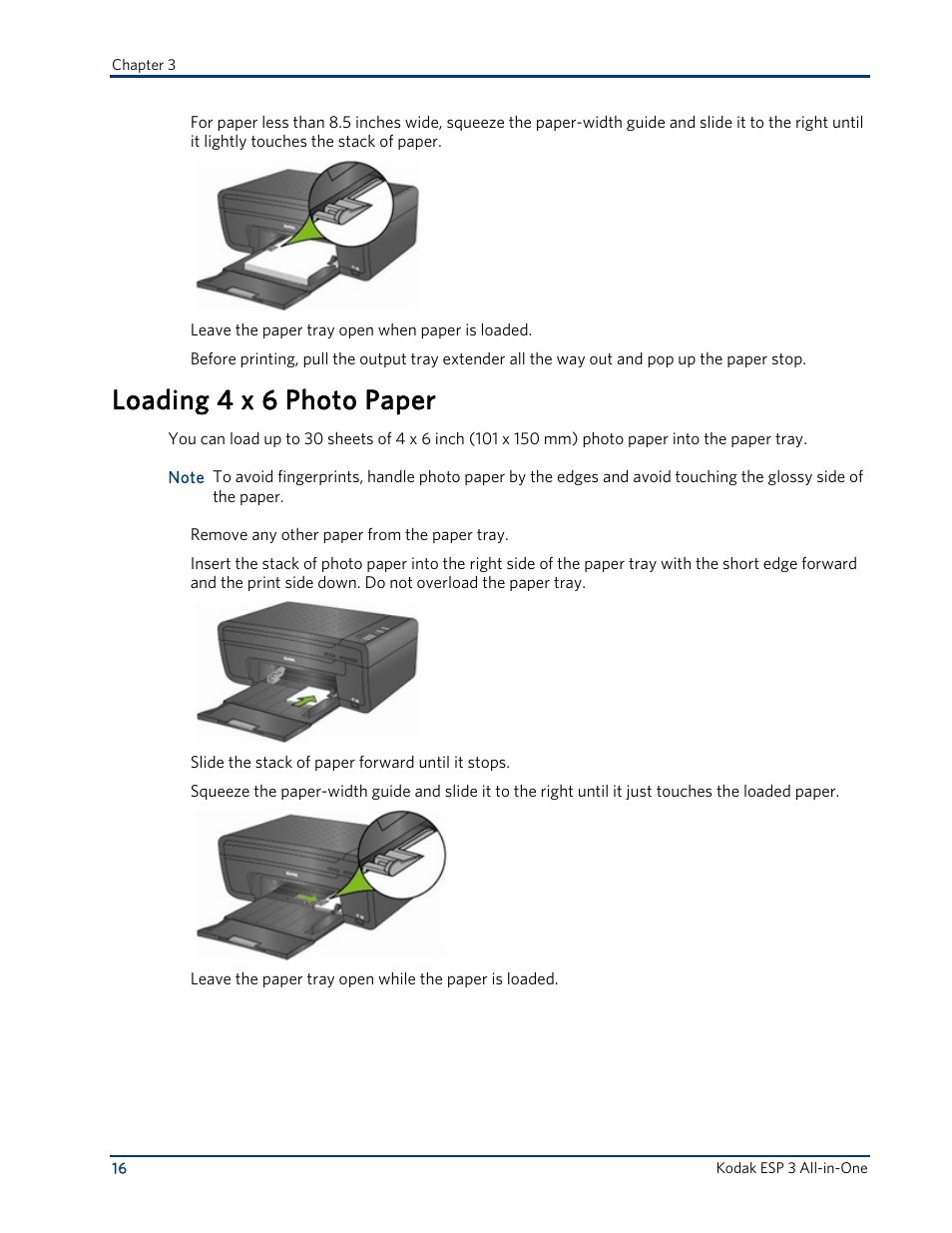 Loading 4 x 6 photo paper | Kodak ESP 3 User Manual | Page 22 / 73