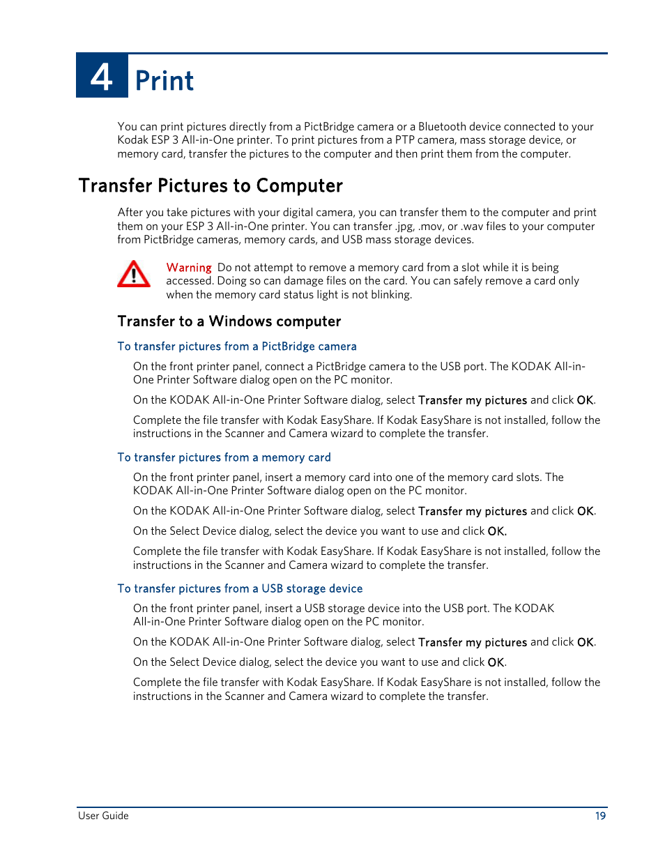 Print, Transfer pictures to computer, Transfer to a windows computer | Kodak ESP 3 User Manual | Page 25 / 73