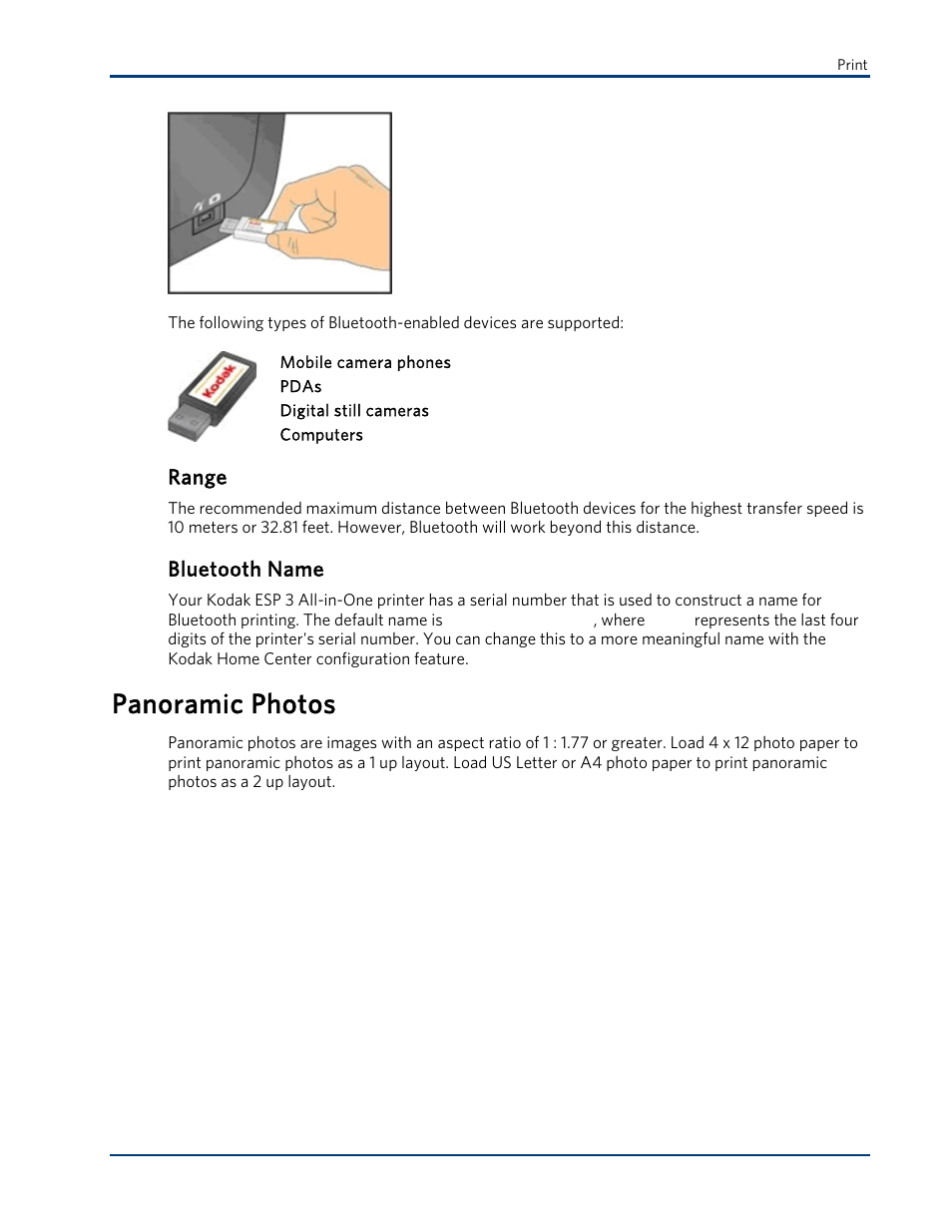 Range, Bluetooth name, Panoramic photos | Kodak ESP 3 User Manual | Page 27 / 73