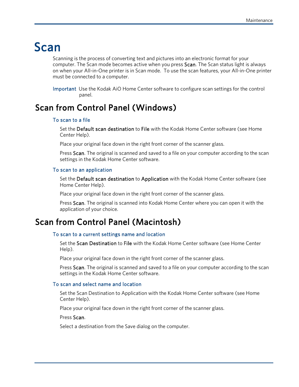 Scan from control panel (windows), Scan from control panel (macintosh), Scan | Kodak ESP 3 User Manual | Page 39 / 73