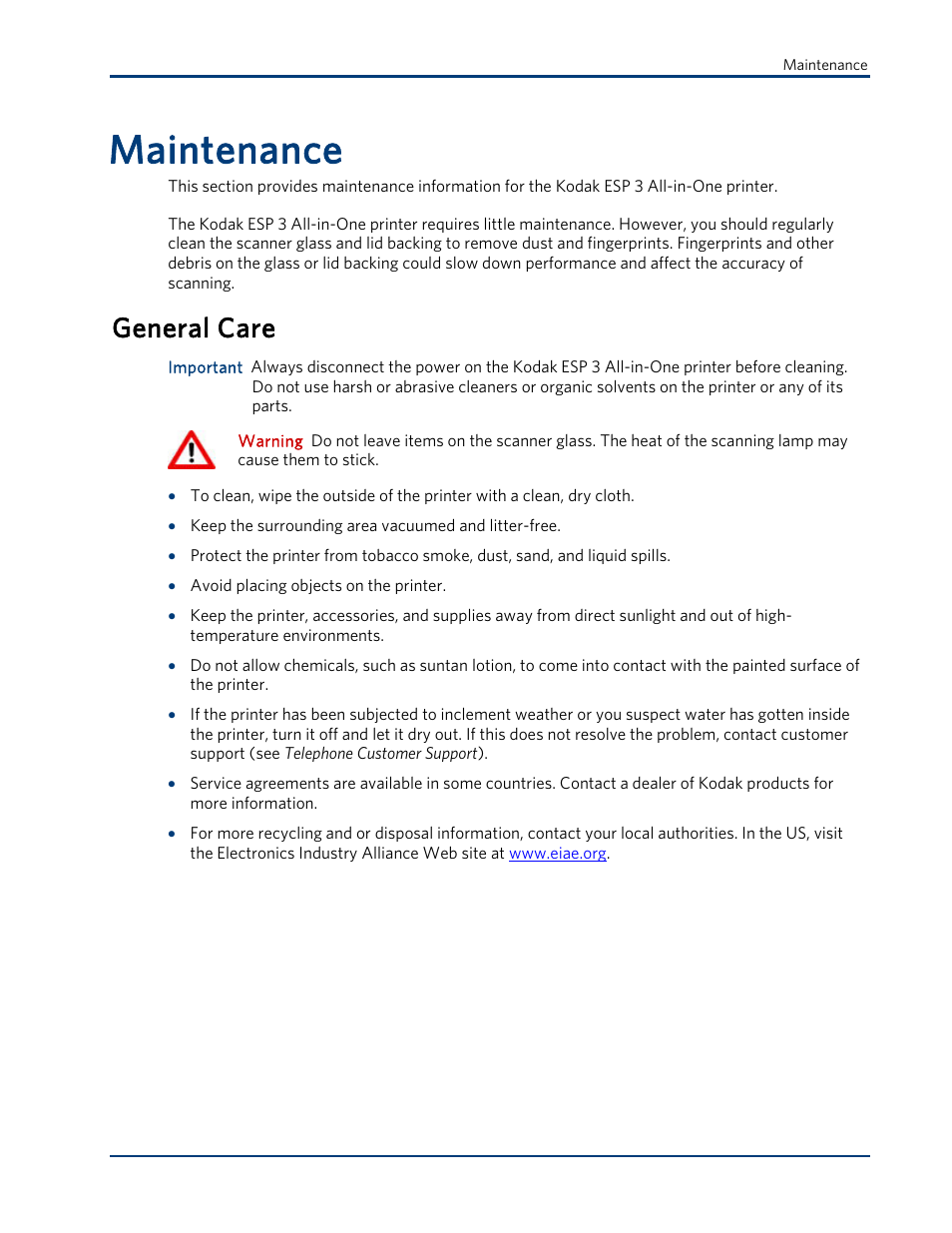 General care, Maintenance | Kodak ESP 3 User Manual | Page 41 / 73