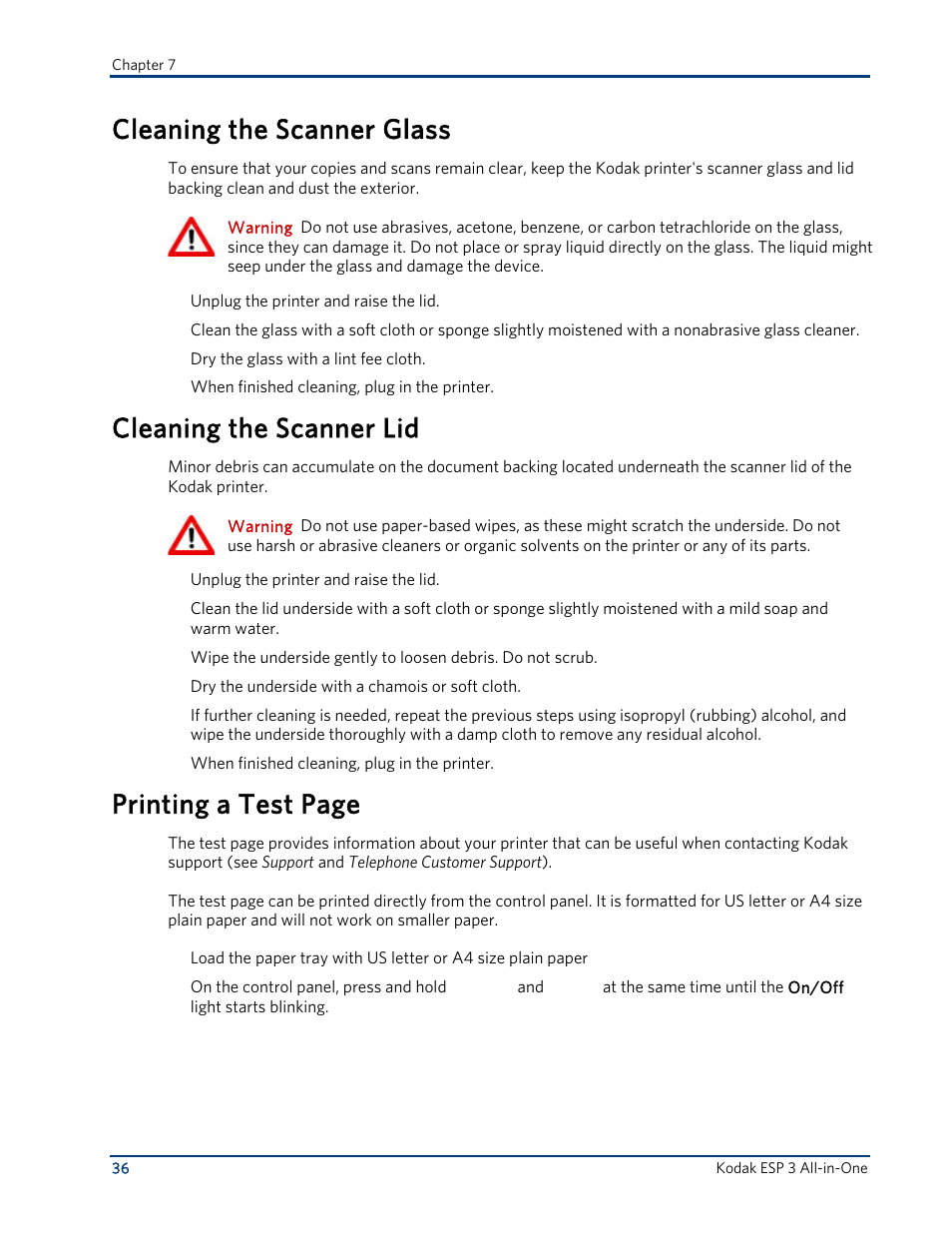 Cleaning the scanner glass, Cleaning the scanner lid, Printing a test page | Kodak ESP 3 User Manual | Page 42 / 73