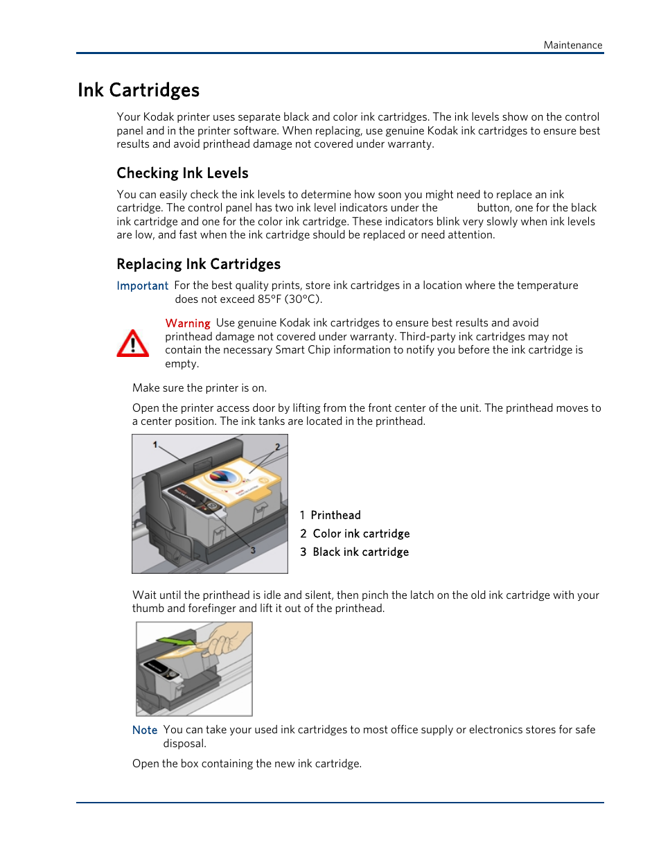 Ink cartridges, Checking ink levels, Replacing ink cartridges | Kodak ESP 3 User Manual | Page 43 / 73