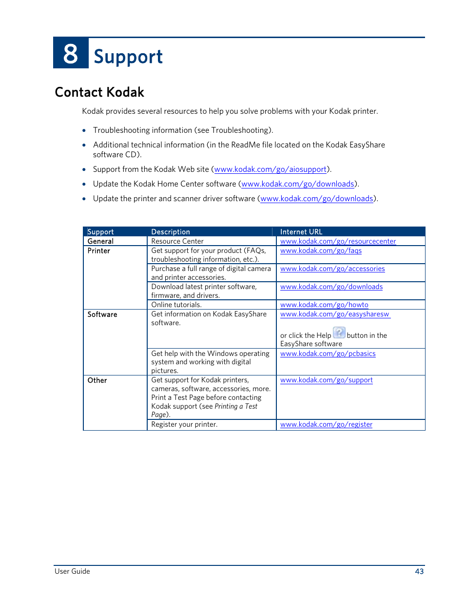 Support, Contact kodak | Kodak ESP 3 User Manual | Page 49 / 73