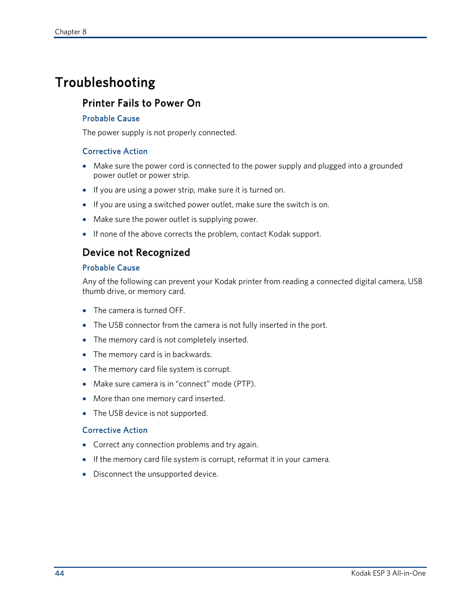 Troubleshooting, Printer fails to power on, Device not recognized | Kodak ESP 3 User Manual | Page 50 / 73