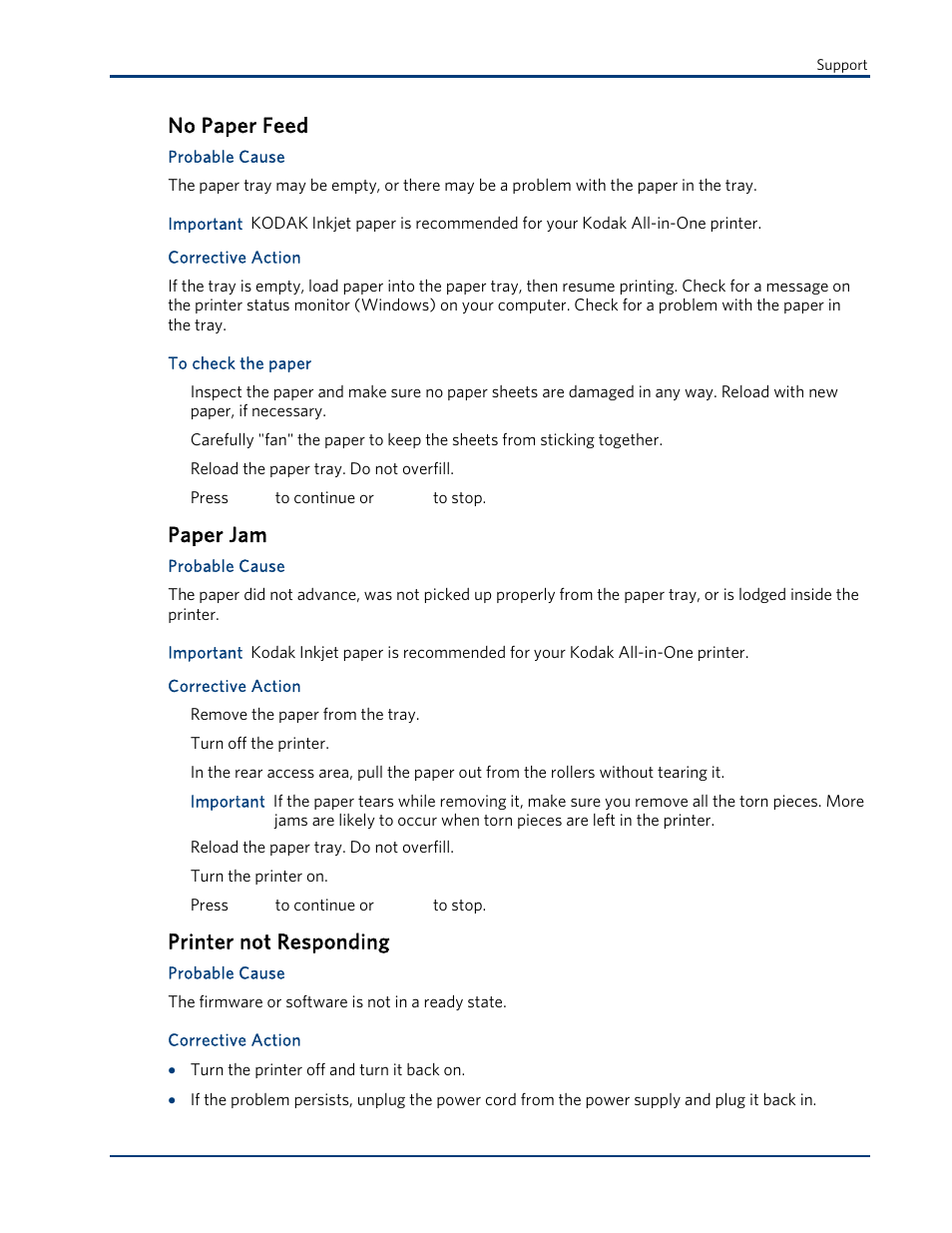 No paper feed, Paper jam, Printer not responding | Kodak ESP 3 User Manual | Page 53 / 73