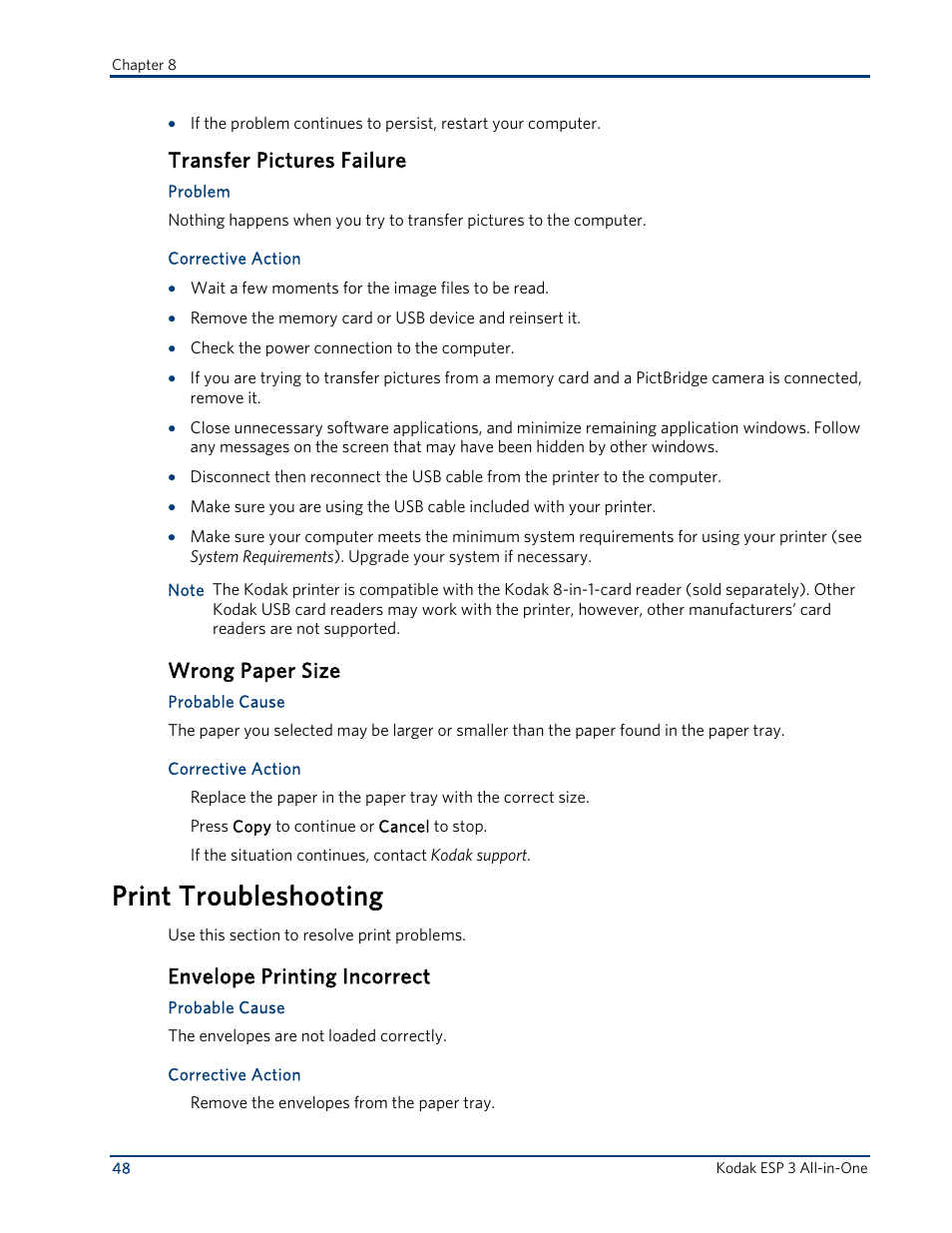 Transfer pictures failure, Wrong paper size, Print troubleshooting | Envelope printing incorrect | Kodak ESP 3 User Manual | Page 54 / 73