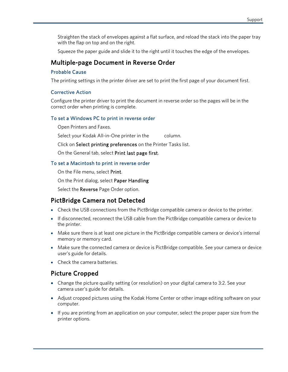 Pictbridge camera not detected, Picture cropped, Multiple-page document in reverse order | Kodak ESP 3 User Manual | Page 55 / 73