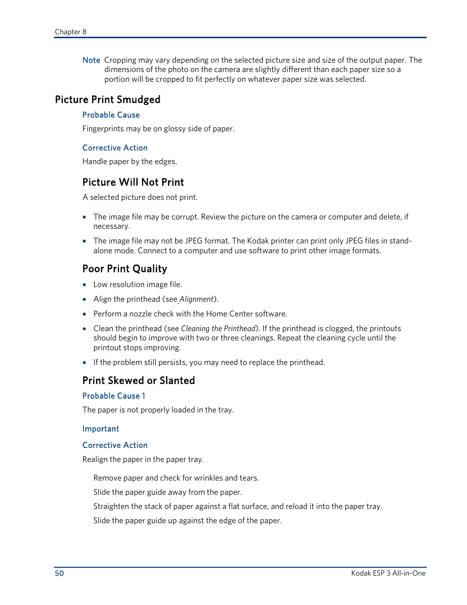 Picture print smudged, Picture will not print, Poor print quality | Print skewed or slanted | Kodak ESP 3 User Manual | Page 56 / 73