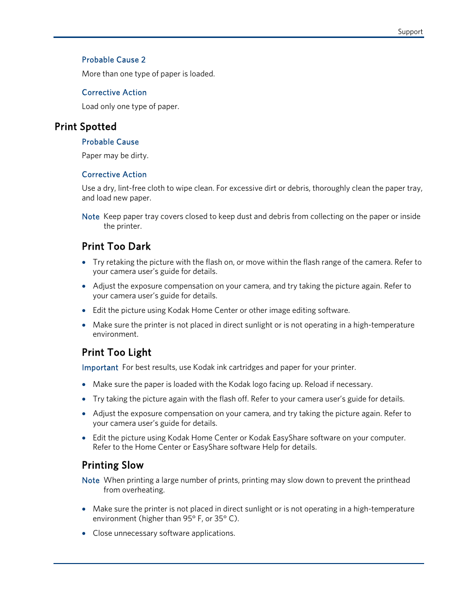 Print spotted, Print too dark, Print too light | Printing slow | Kodak ESP 3 User Manual | Page 57 / 73