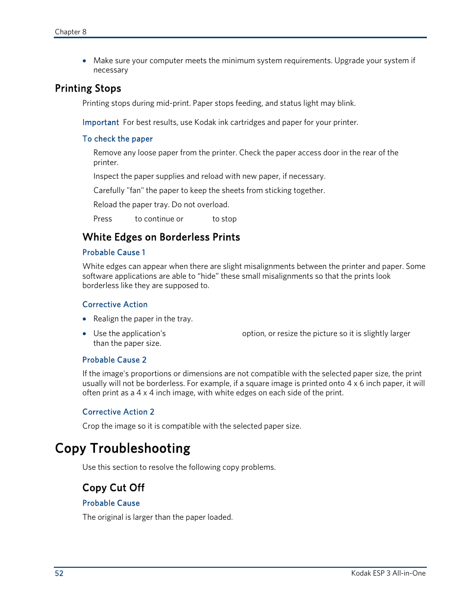 Printing stops, White edges on borderless prints, Copy troubleshooting | Copy cut off | Kodak ESP 3 User Manual | Page 58 / 73