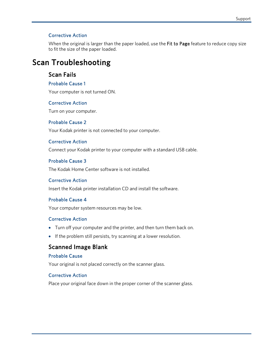 Scan troubleshooting, Scan fails, Scanned image blank | Kodak ESP 3 User Manual | Page 59 / 73