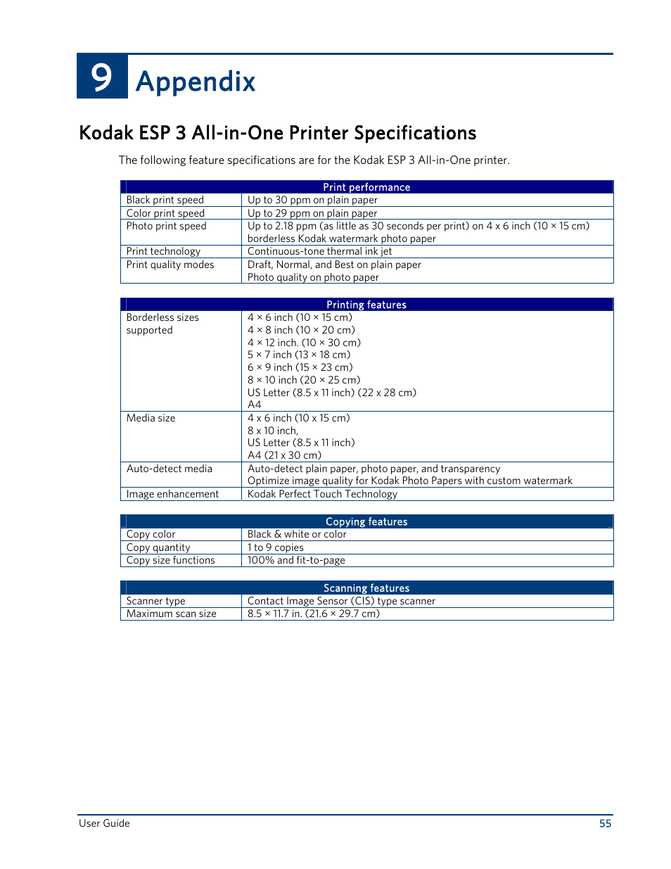 Appendix, Kodak esp 3 all-in-one printer specifications | Kodak ESP 3 User Manual | Page 61 / 73
