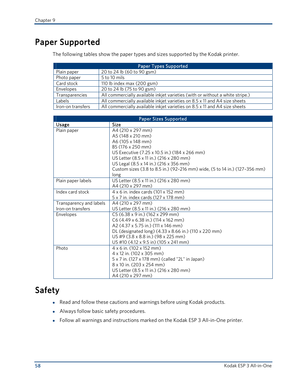 Paper supported, Safety | Kodak ESP 3 User Manual | Page 64 / 73