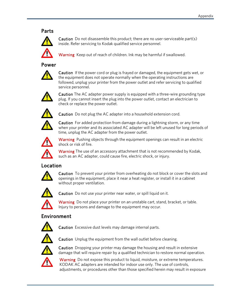 Parts, Power, Location | Environment | Kodak ESP 3 User Manual | Page 65 / 73
