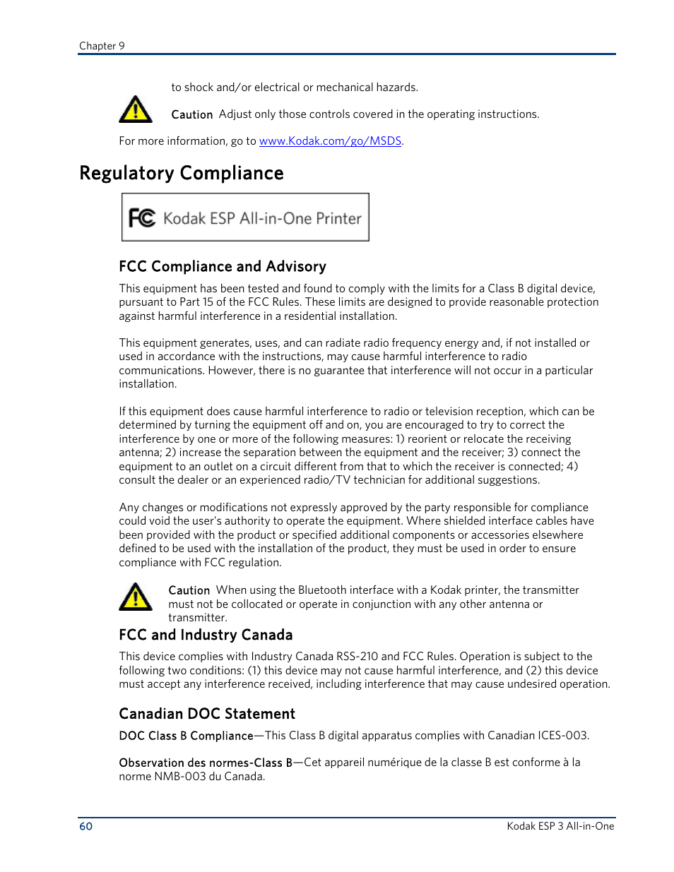 Regulatory compliance, Fcc compliance and advisory, Fcc and industry canada | Canadian doc statement | Kodak ESP 3 User Manual | Page 66 / 73