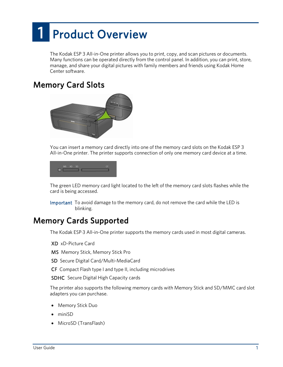 Product overview, Memory card slots, Memory cards supported | Kodak ESP 3 User Manual | Page 7 / 73