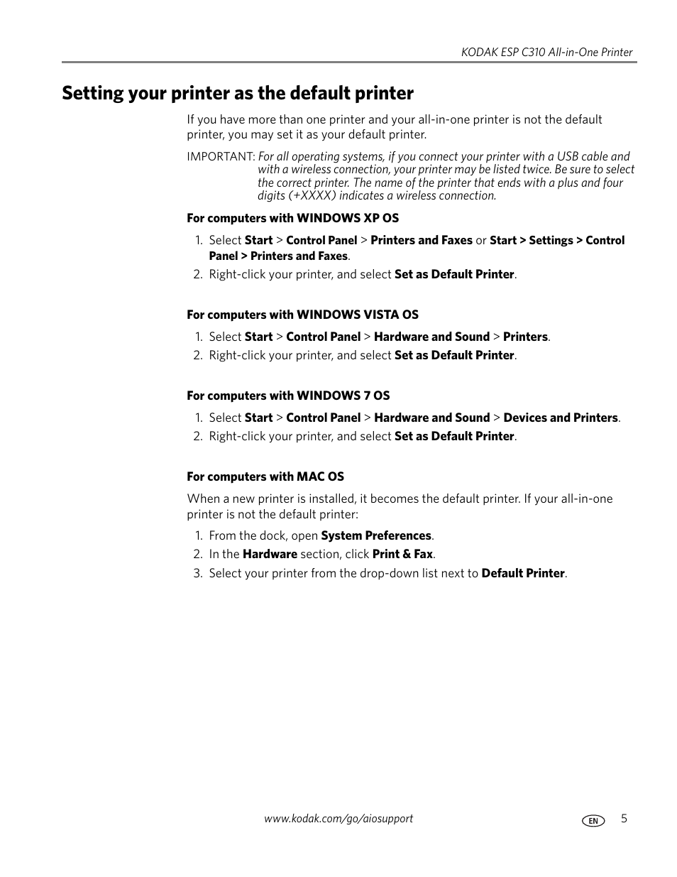 Setting your printer as the default printer | Kodak ESP C310 User Manual | Page 11 / 94