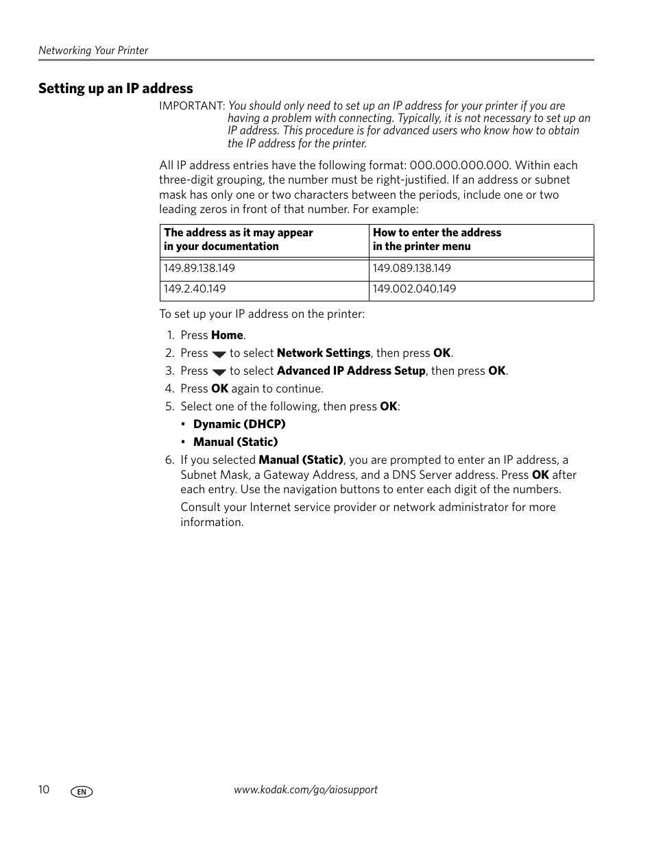 Setting up an ip address | Kodak ESP C310 User Manual | Page 16 / 94