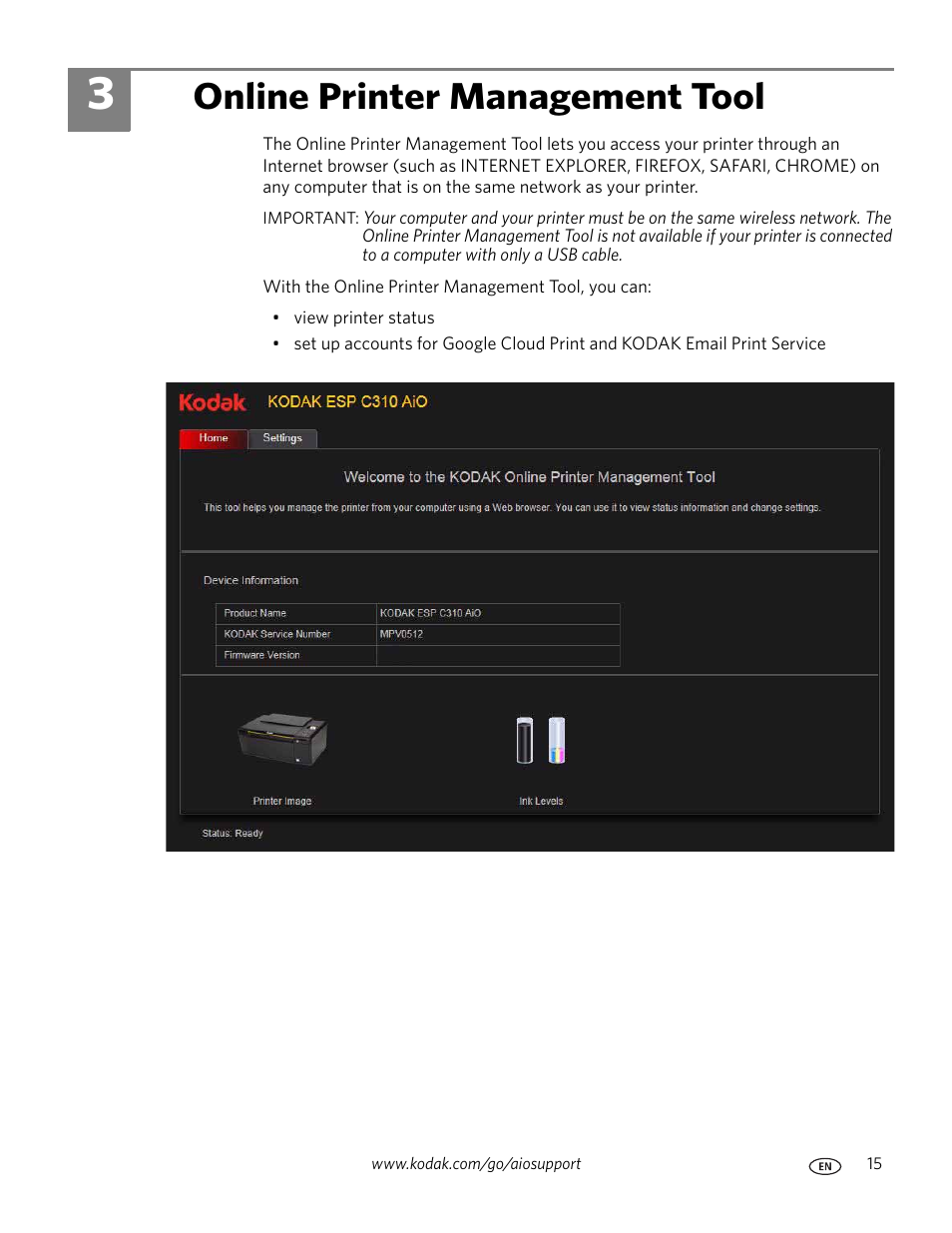 Online printer management tool, 3 online printer management tool | Kodak ESP C310 User Manual | Page 21 / 94