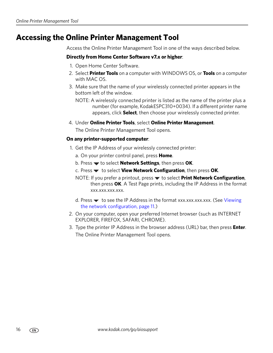 Accessing the online printer management tool | Kodak ESP C310 User Manual | Page 22 / 94