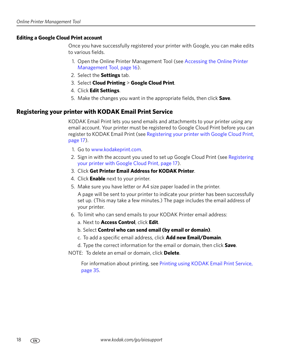 Editing a google cloud print account, Registering your printer with kodak | Kodak ESP C310 User Manual | Page 24 / 94