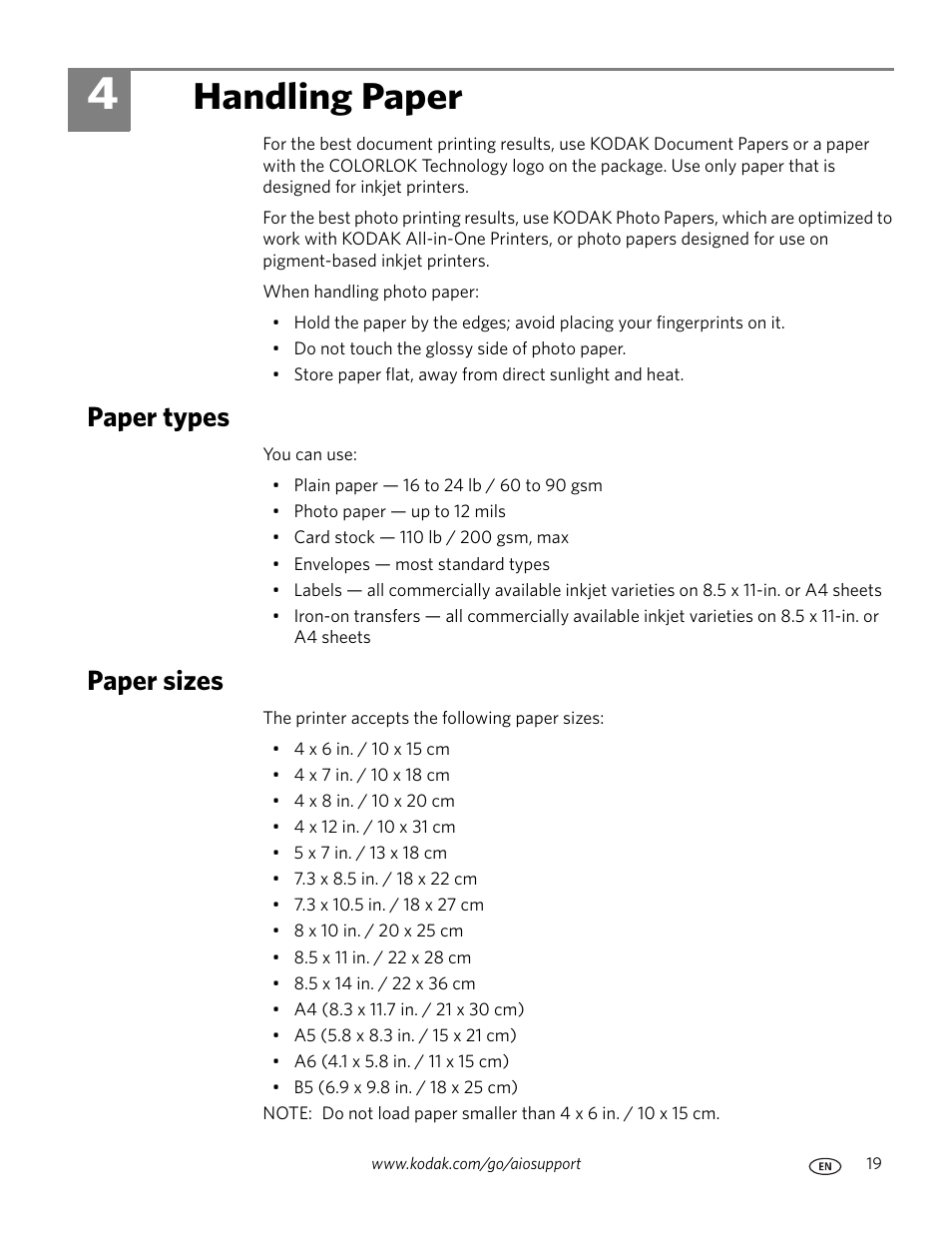 Handling paper, Paper types, Paper sizes | 4 handling paper, Paper types paper sizes | Kodak ESP C310 User Manual | Page 25 / 94