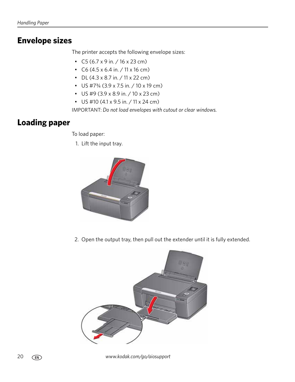 Envelope sizes, Loading paper, Envelope sizes loading paper | Kodak ESP C310 User Manual | Page 26 / 94