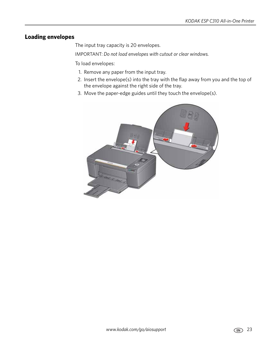 Loading envelopes | Kodak ESP C310 User Manual | Page 29 / 94