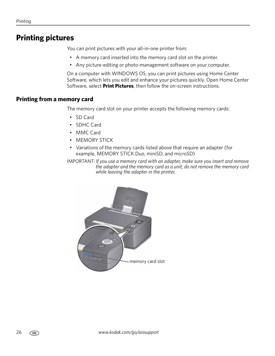 Printing pictures, Printing from a memory card | Kodak ESP C310 User Manual | Page 32 / 94