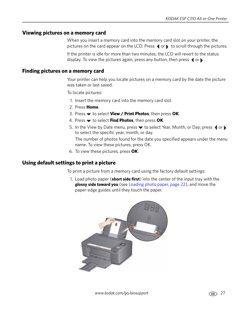 Viewing pictures on a memory card, Finding pictures on a memory card, Using default settings to print a picture | Kodak ESP C310 User Manual | Page 33 / 94