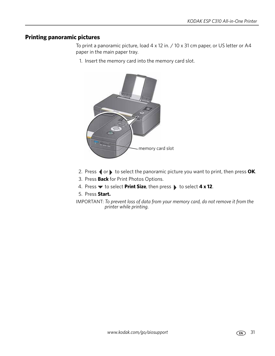 Printing panoramic pictures | Kodak ESP C310 User Manual | Page 37 / 94